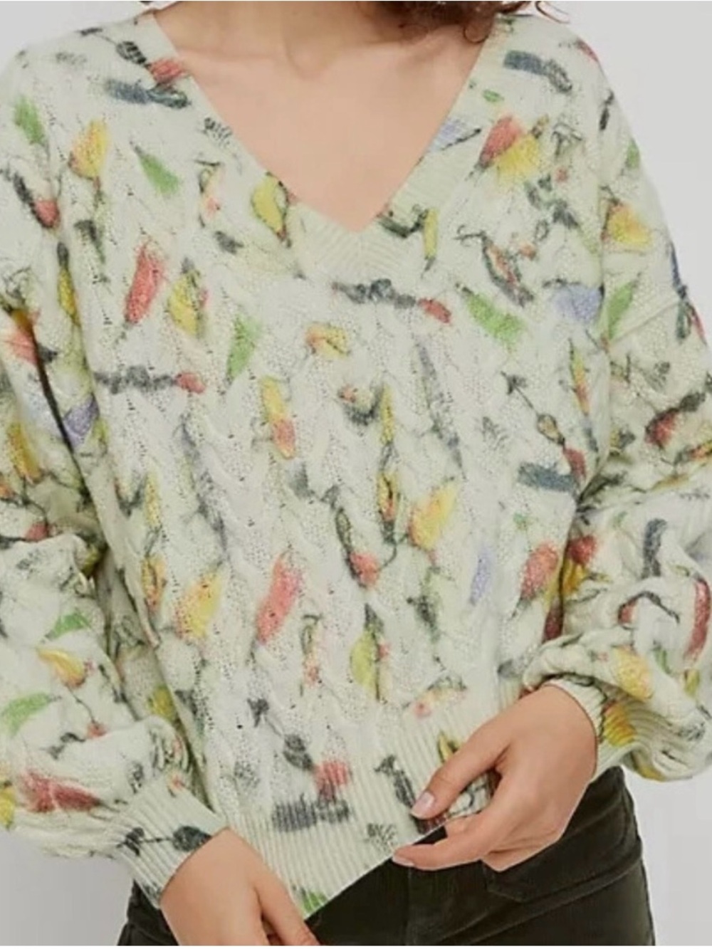 Anthropologie 100% Lamb Wool V-Neck Cable Knit Sweater with Pastel Print - Cream